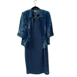 R&M Richards Petite 2-Piece Blue Dress & Jacket Set Size 16WP Abstract Pattern